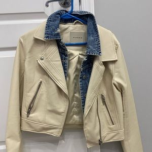 BLANK-NYC Cream white leather jacket with denim trim